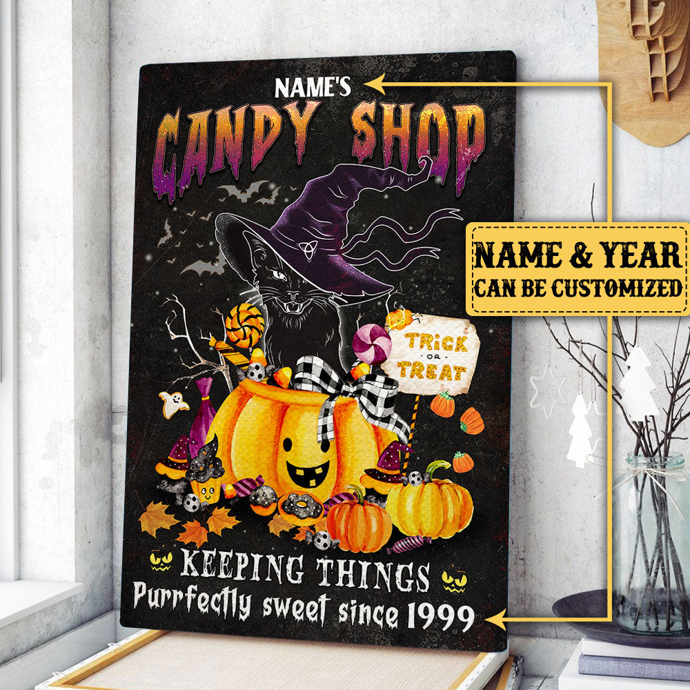 Personalized Black Cat Candy Shop Halloween Poster & Canvas