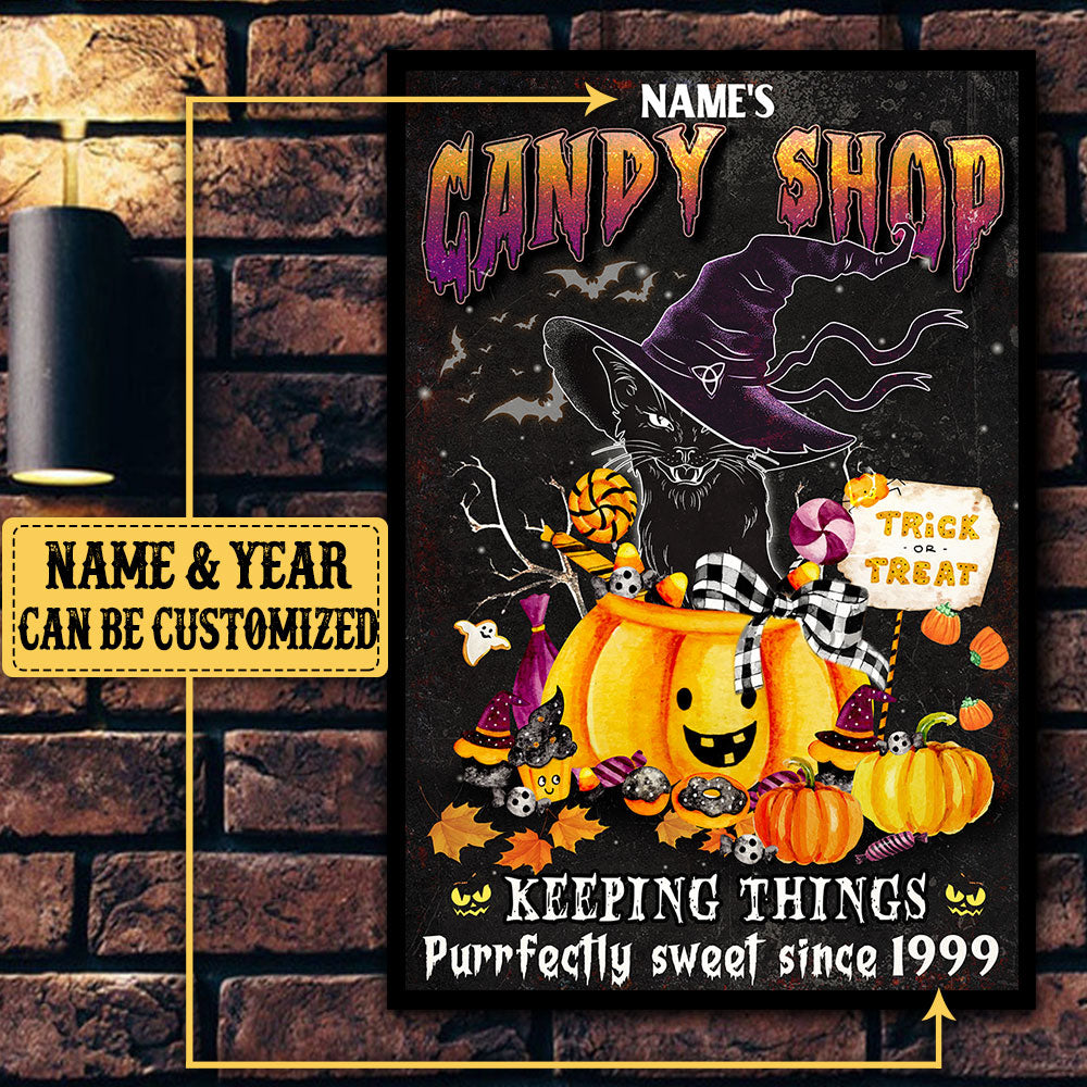 Personalized Black Cat Candy Shop Halloween Poster & Canvas