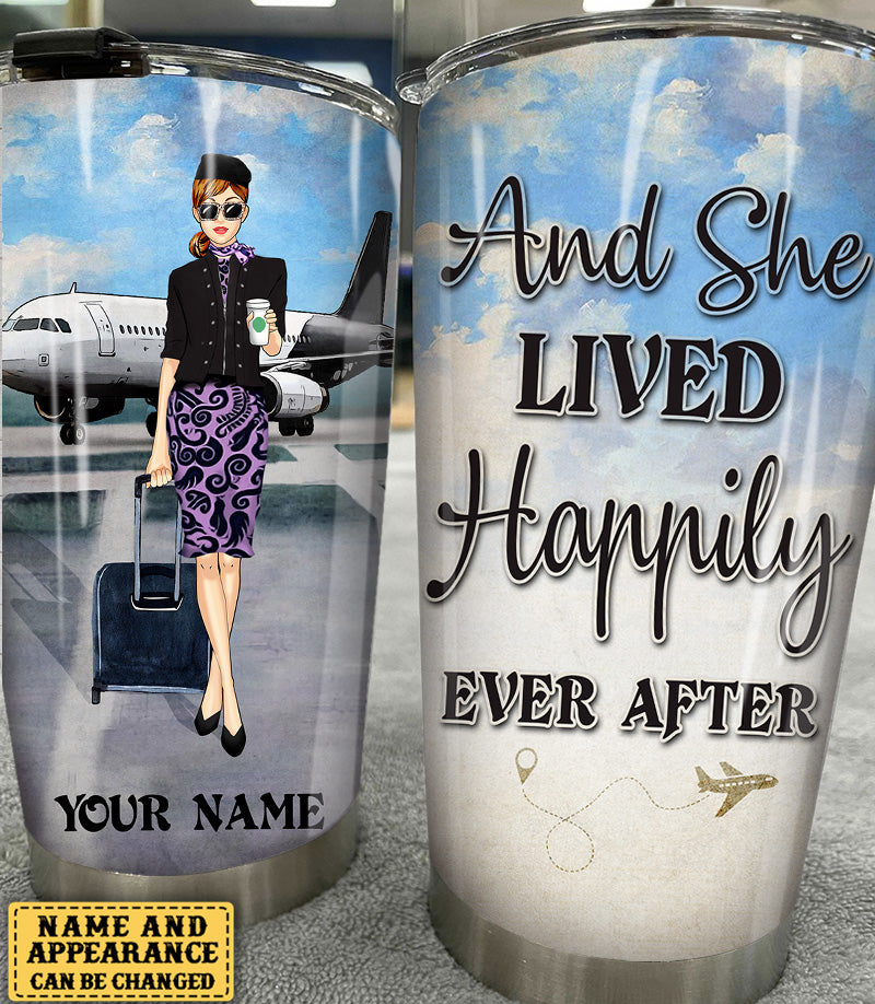 Personalized Flight Attendant And She Lived Happily Ever After Tumbler