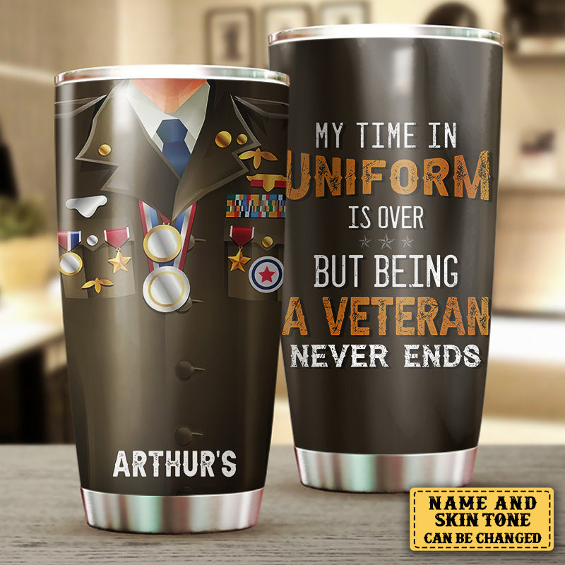Personalized My Time In Uniform Is Over But Being A Veteran Never Ends Tumbler