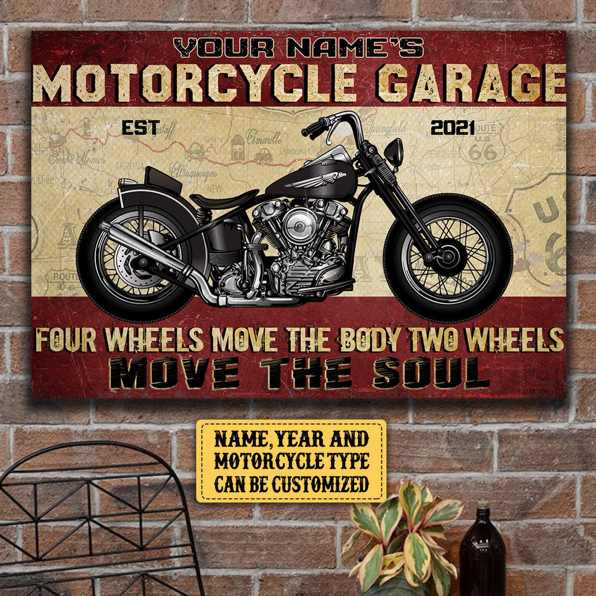 Personalized Motorcycle Garage Four Wheels Move The Body Two Wheels Move The Soul Poster & Canvas