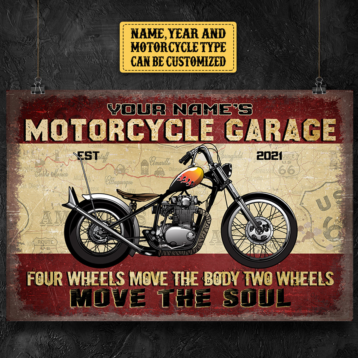 Personalized Motorcycle Garage Four Wheels Move The Body Two Wheels Move The Soul Poster & Canvas