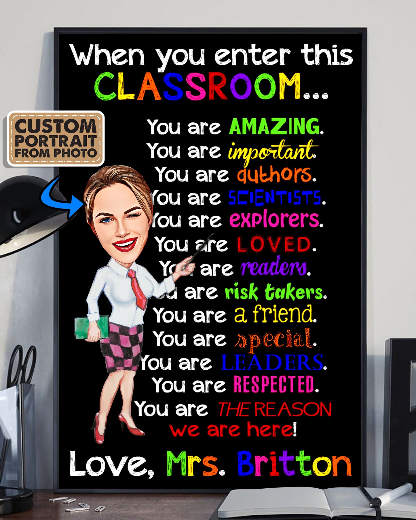 When you enter this Classroom You are Amazing - Custom Name Teacher Poster Canvas - Custom Cartoon Portrait From Your Photo - Back To School