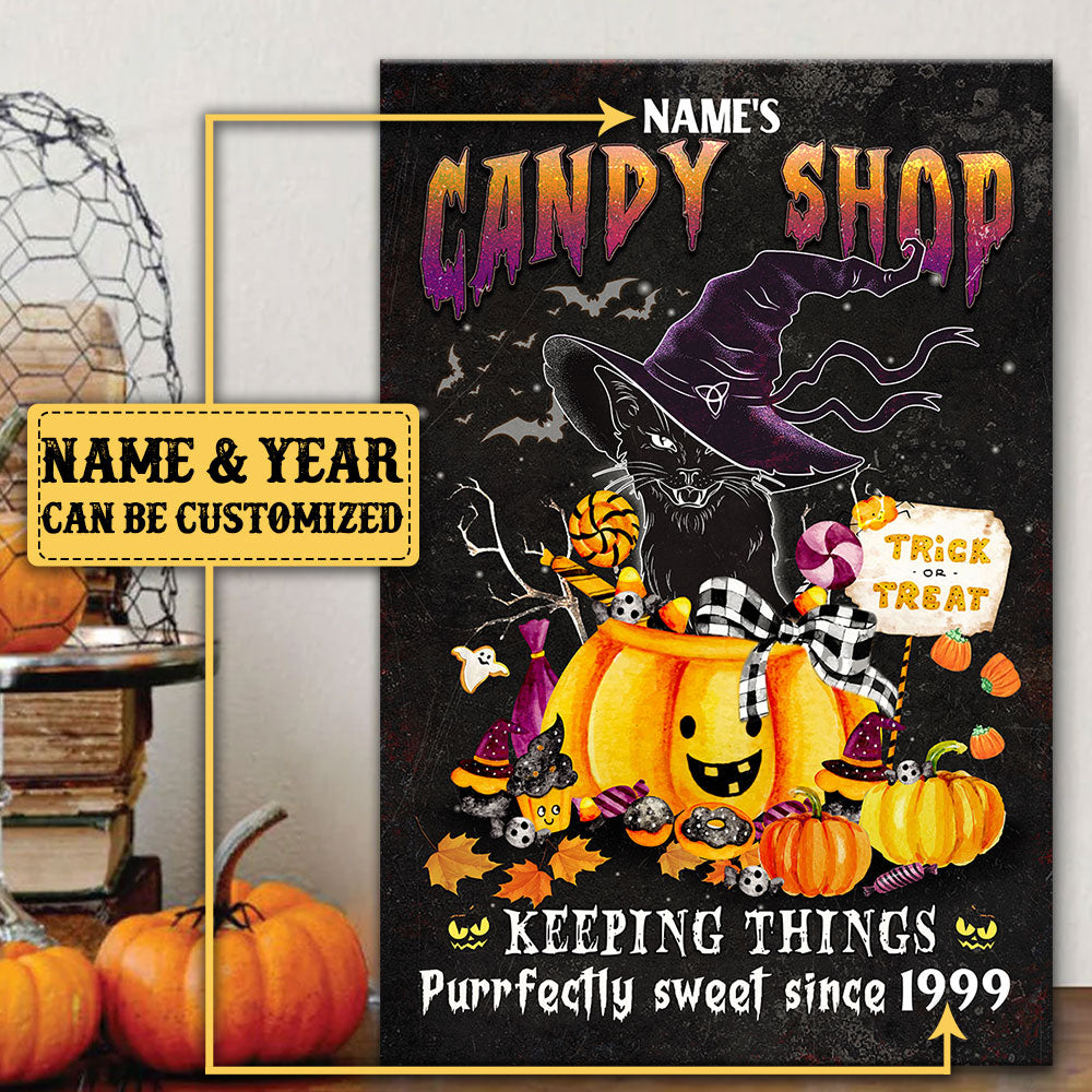 Personalized Black Cat Candy Shop Halloween Poster & Canvas