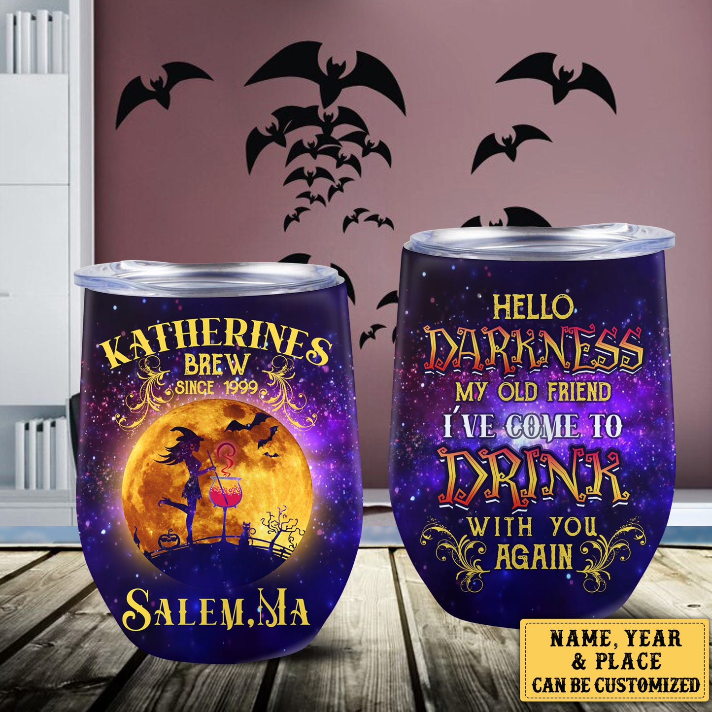 Personalized Hello Darkness My Old Friends I've Come To Drink With You Again Halloween Wine Tumbler