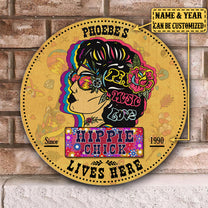 Personalized Hippie Chick Lives Here Wood Round Sign