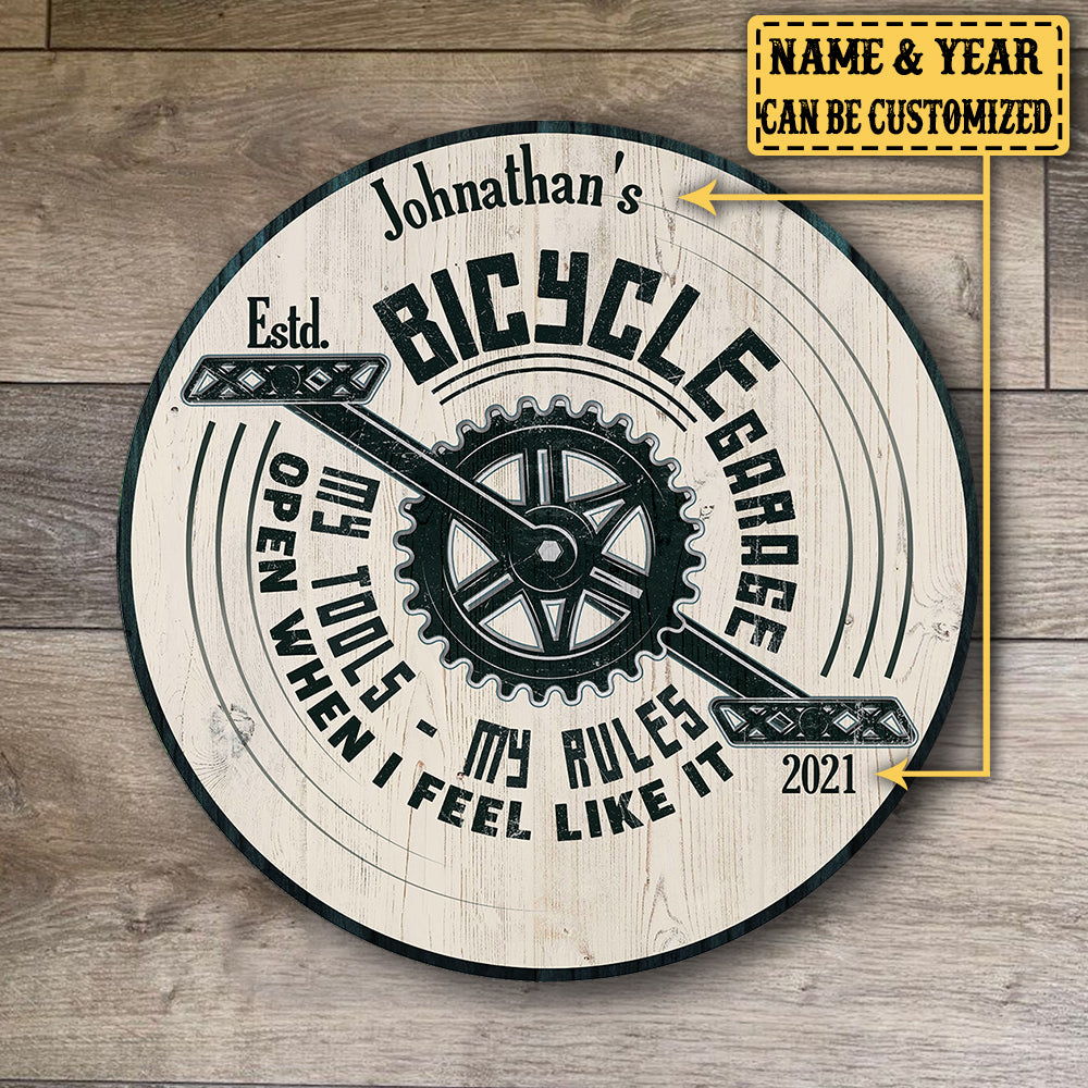 Personalized Bicycle Garage My Tools My Rules Wood Round Sign
