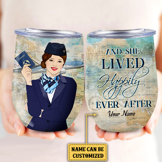 Personalized And She Lived Happily Ever After Flight Attendant Wine Tumbler