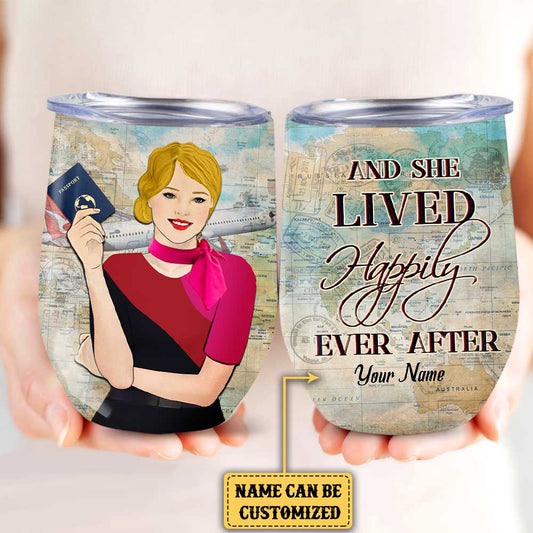 Personalized And She Lived Happily Ever After Flight Attendant Wine Tumbler