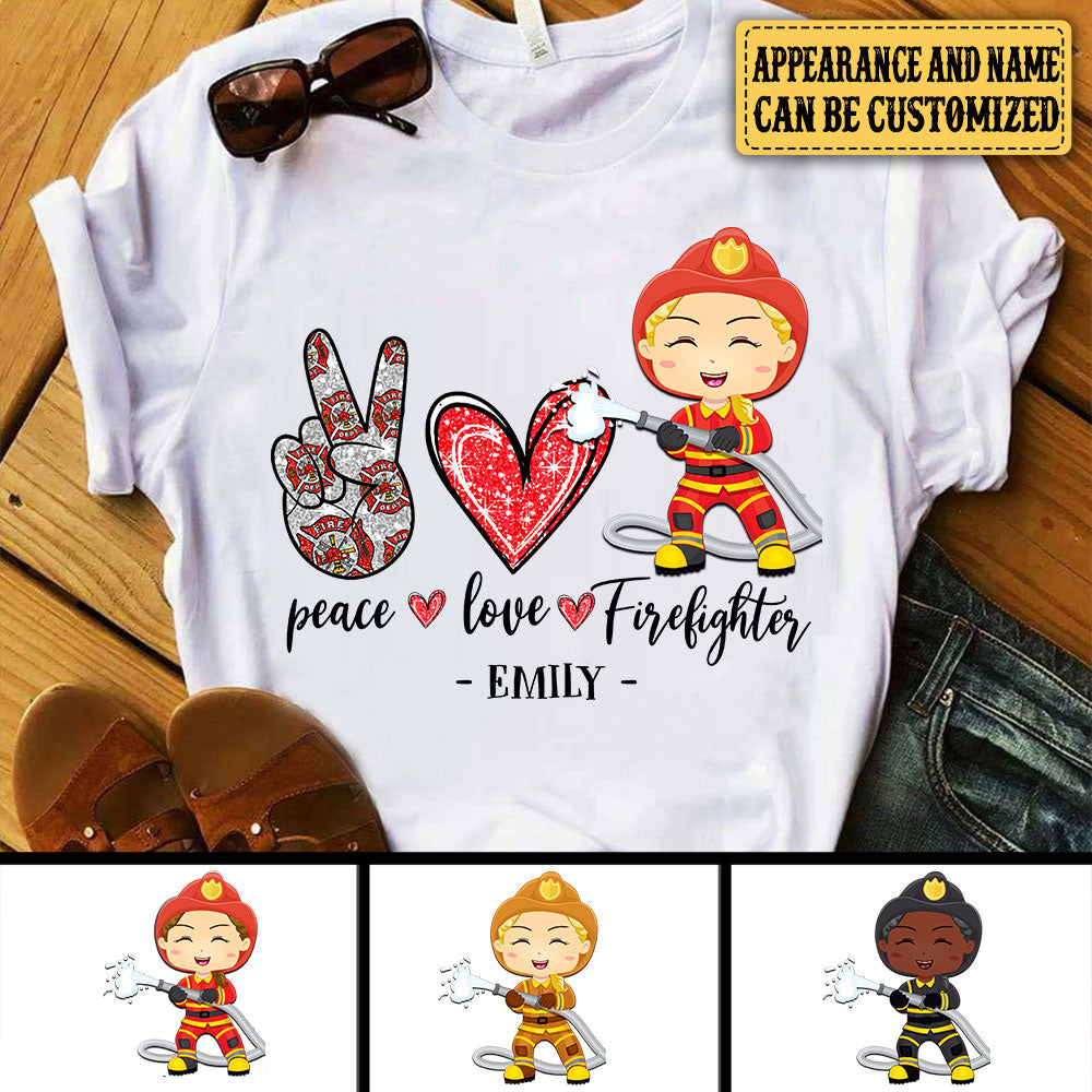 Personalized Peace Love Firefighter Shirt