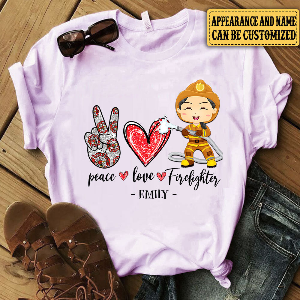 Personalized Peace Love Firefighter Shirt