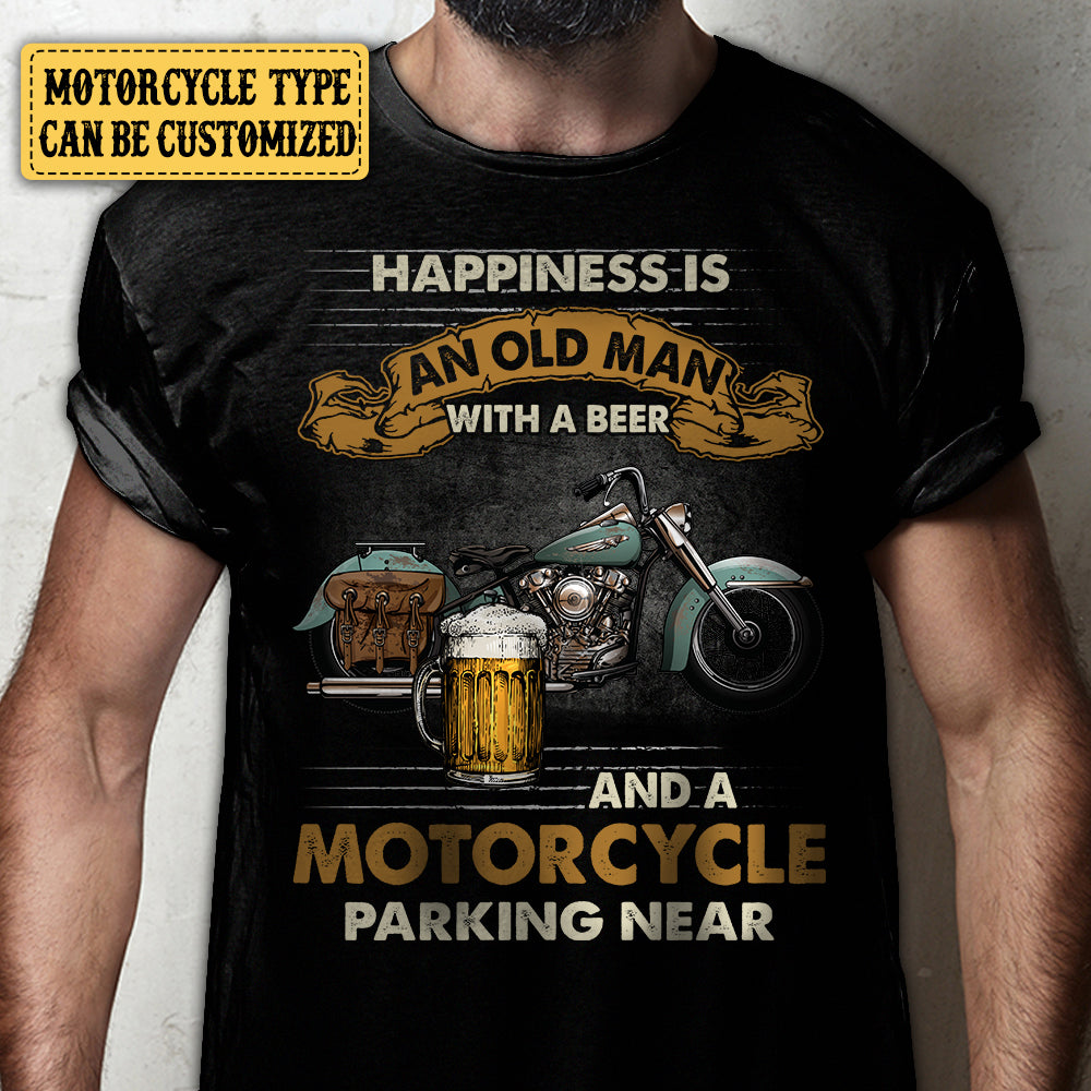 Personalized Happiness Is An Old Man With Beer And Motorcycle Parking Near Shirt