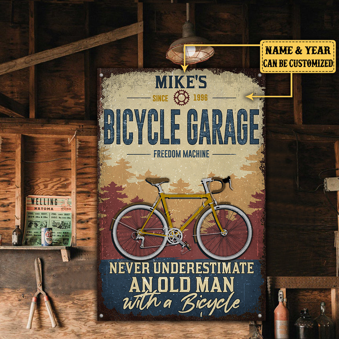 Personalized Bicycle Garage Never Underestimate An Old Man With A Bicycle Metal Sign