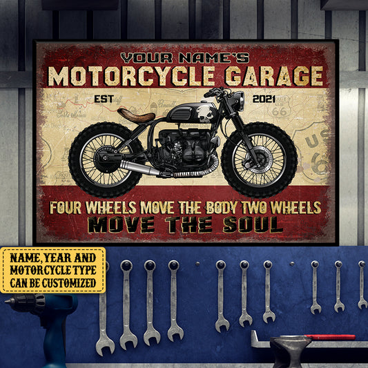 Personalized Motorcycle Garage Four Wheels Move The Body Two Wheels Move The Soul Poster & Canvas