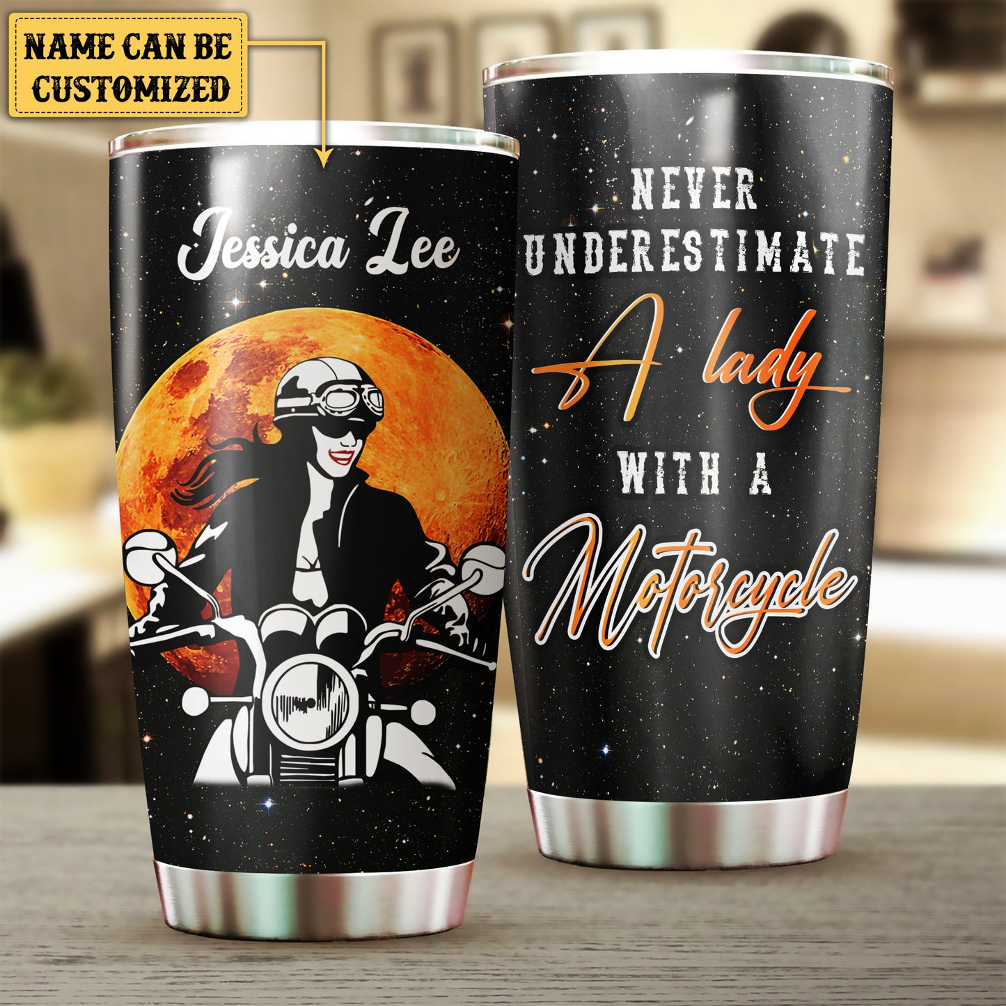 Personalized Never Underestimate A Lady With A Motorcycle Tumbler