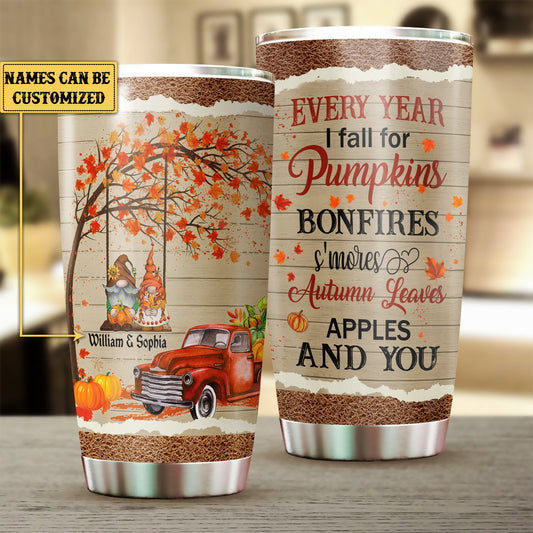 Personalized Every Year I Fall For Pumpkins Bonfires S'mores Autumn Leaves Apples And You Tumbler