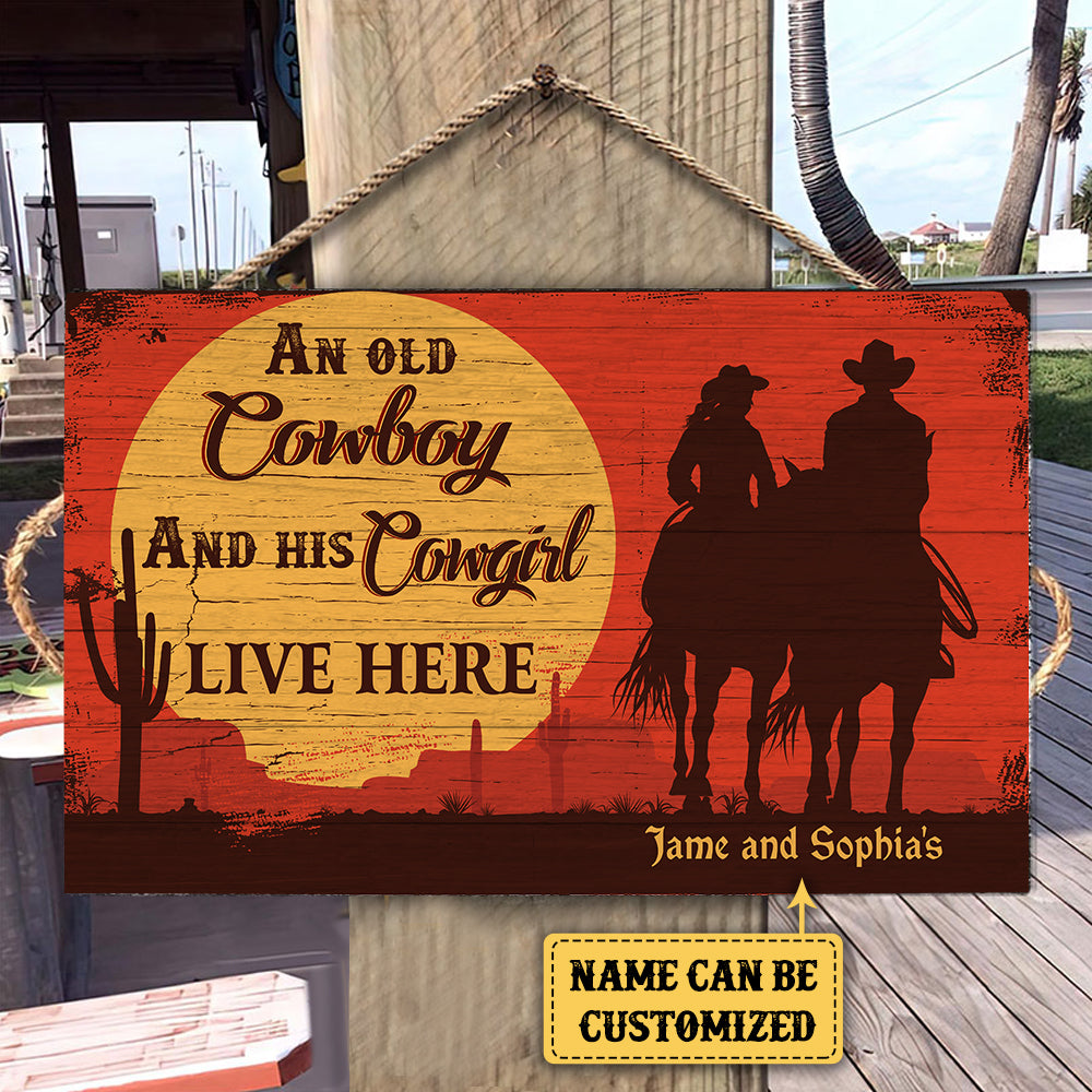 Personalized A Cowboy And His Cowgirl Live Here Pallet Wood Rectangle Sign