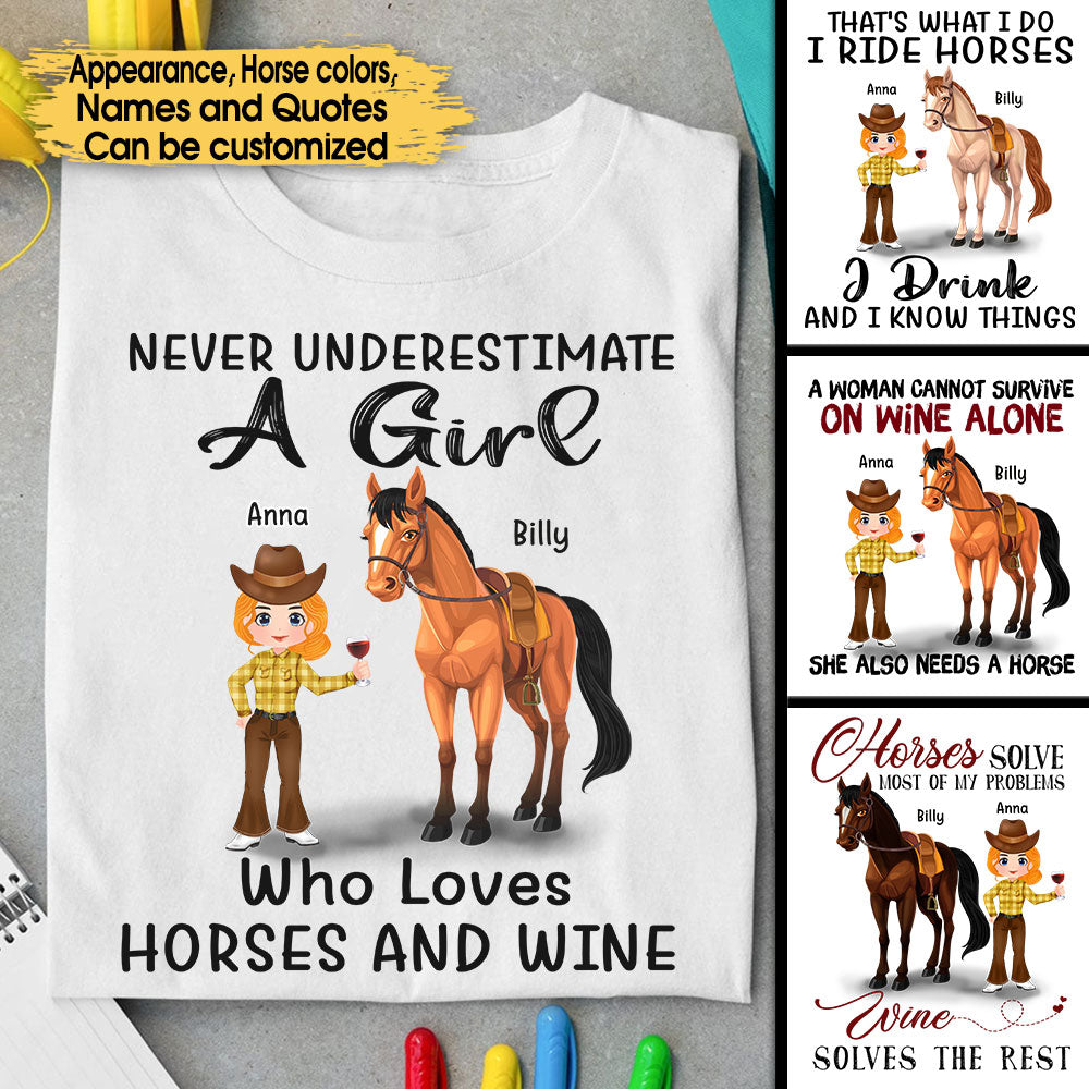 Never Underestimate A Girl Who Loves Horses And Wine - Personalized Shirt