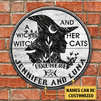 Personalized A Wicked Witch And Her Cat Live Here Pallet Wood Circle Sign