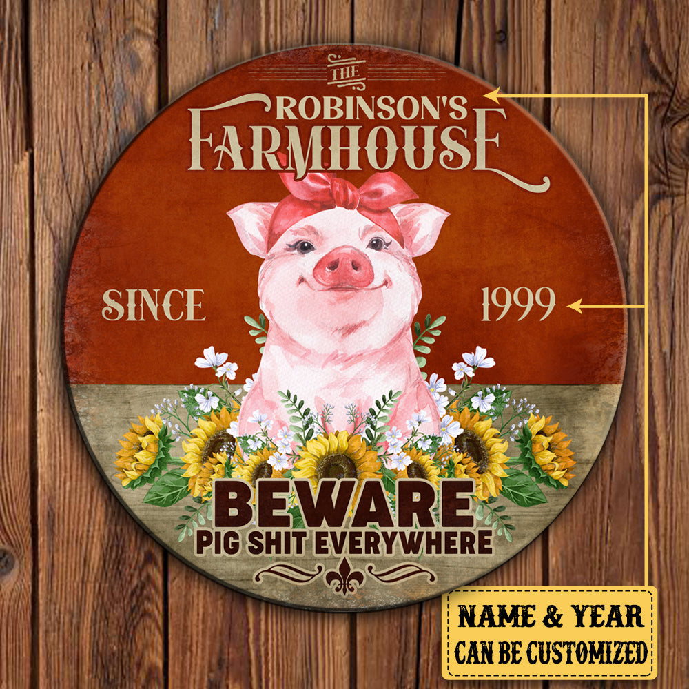 Personalized Pig Farm House Beware Wood Round Sign