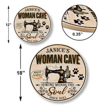 Personalized Sewing Room Woman Cave Wood Round Sign