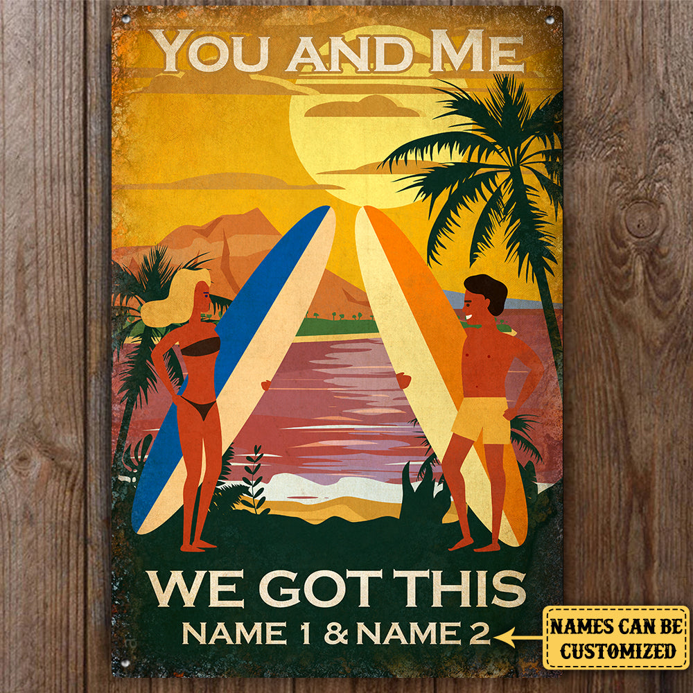 Personalized Surfing Couple Classic Metal Sign