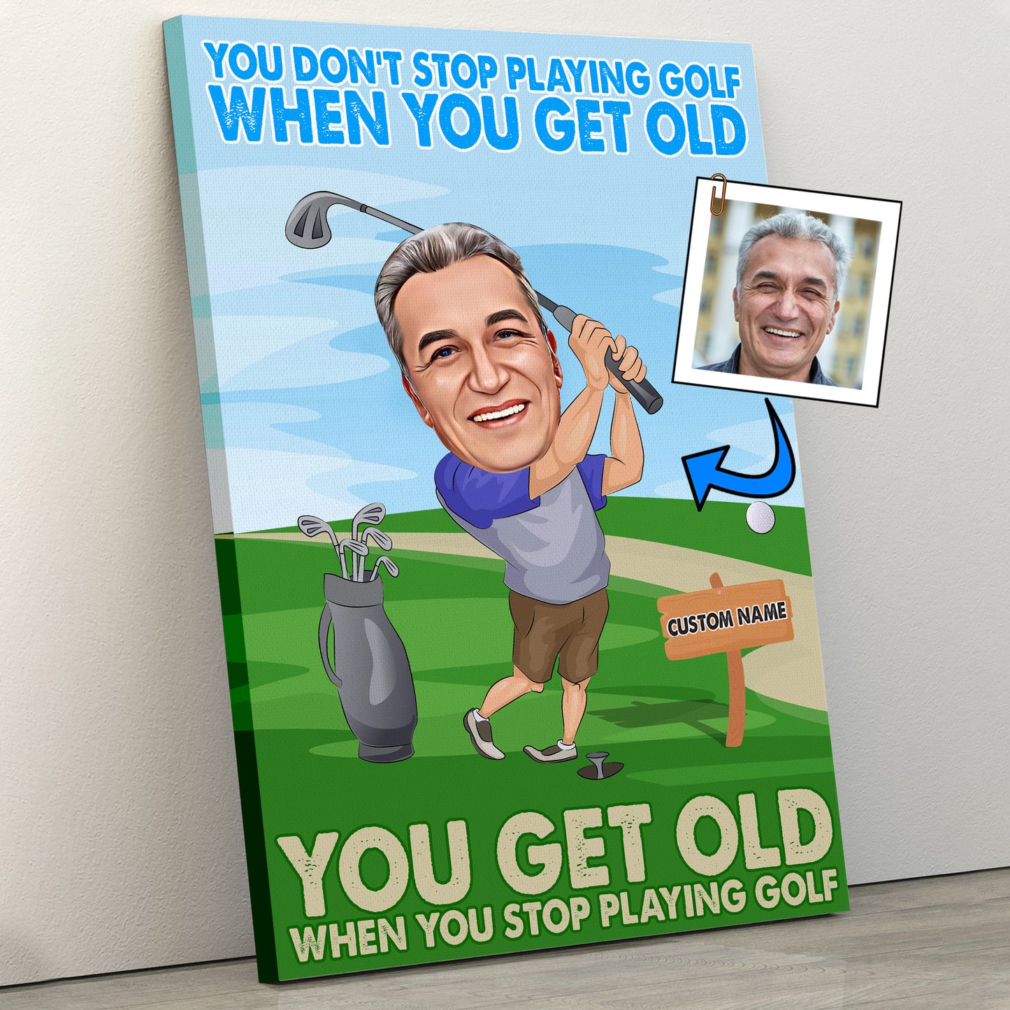 Golf Gifts For Men, Caricature Golfer Portrait, Golfing Golf Club Decor Gift, Personalized Golf Birthday Gifts Men Women Dad Mom - You don't stop playing golf when you get old, you get old when you stop playing golf