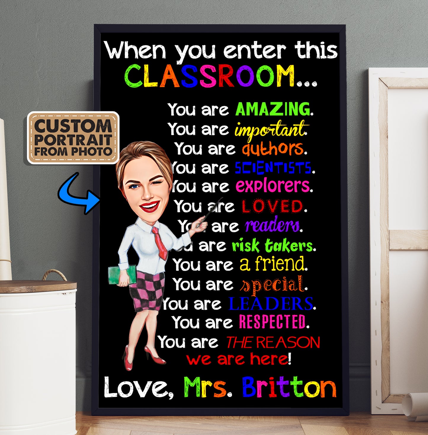 When you enter this Classroom You are Amazing - Custom Name Teacher Poster Canvas - Custom Cartoon Portrait From Your Photo - Back To School
